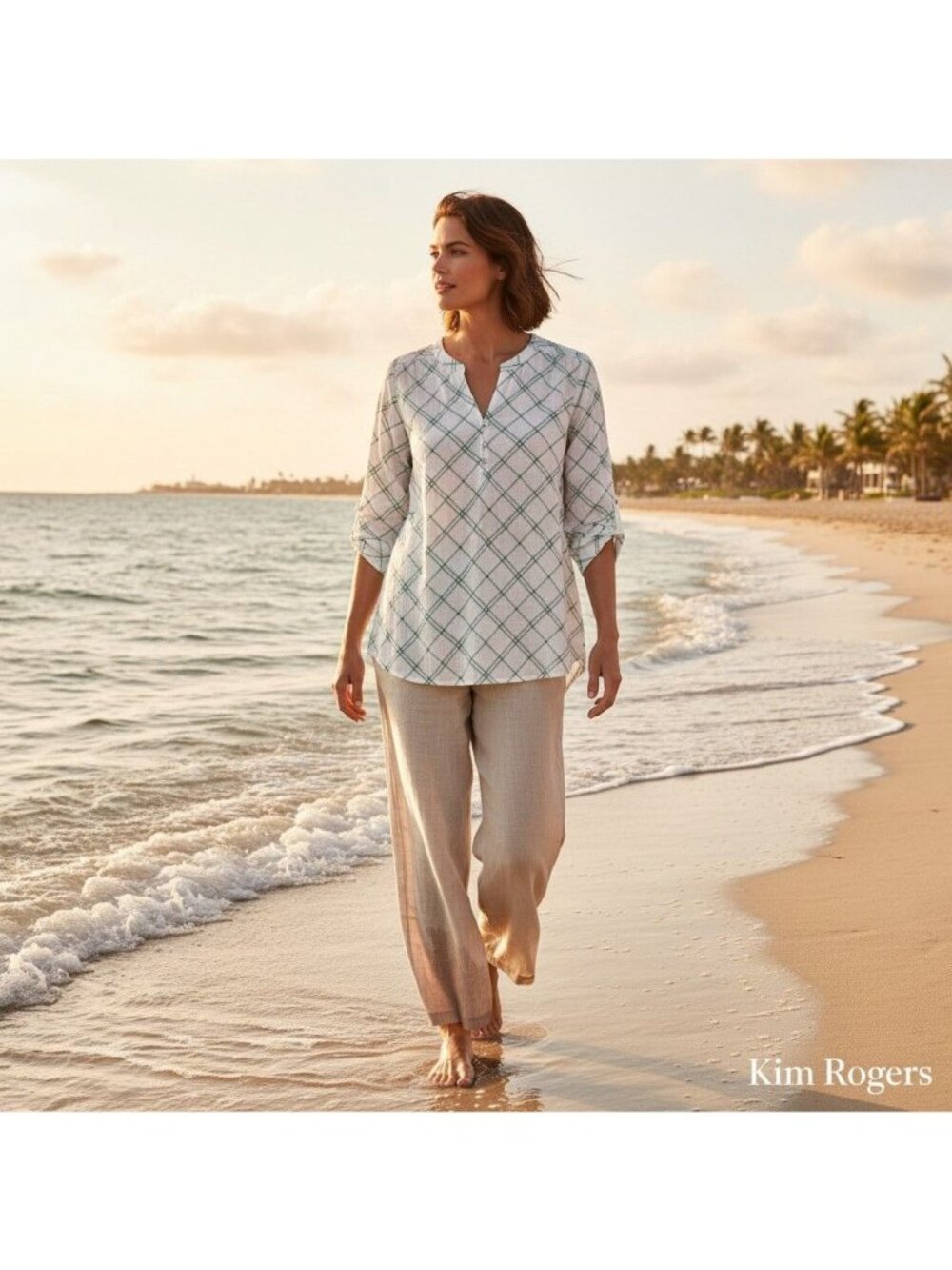 Windowpane Tunic Style Blouse, Coastal Grandma, Cottage Core, Preppy Polished
